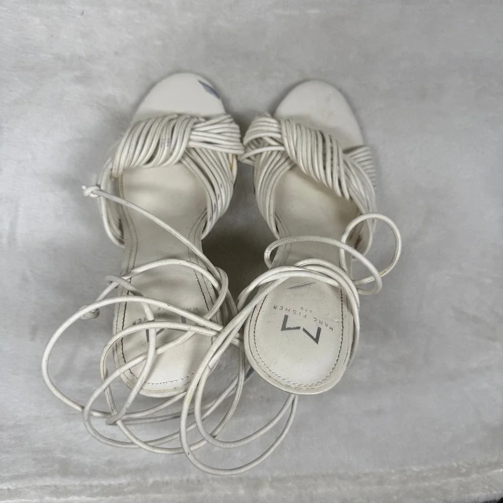 Marc Fisher LTD White‎ Leather Lace Up Strappy Stiletto Heels Knotted Sandals 8